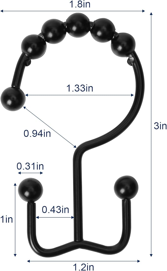 Shower Curtain Hooks,Sturdy Stainless Steel Double Sided Shower Hooks Rings for Bathroom Shower Curtain Rods Curtains Set of 12 Hooks - Matte Black