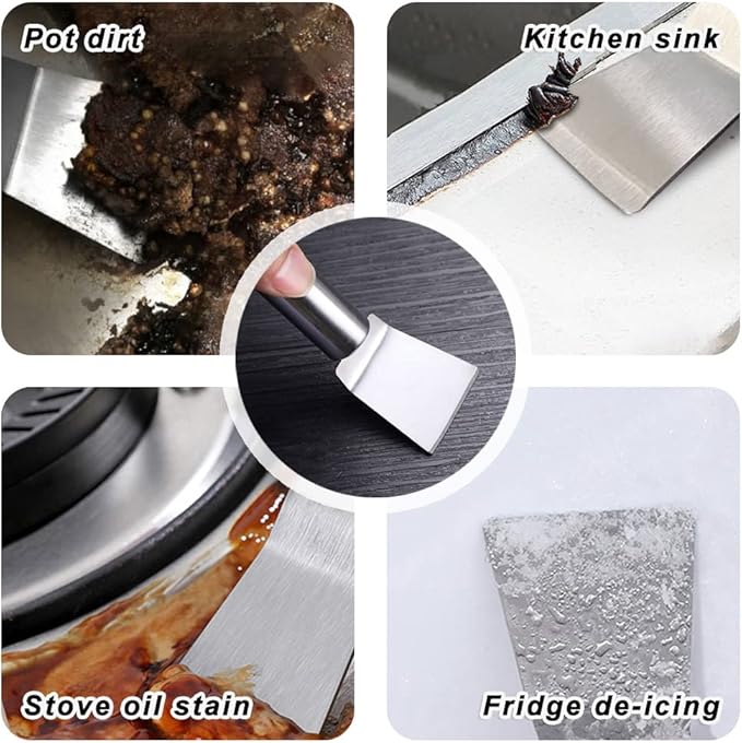 Kitchen Stove Cleaning Brush + Scraper Tool Set, Brass Wire Brushes for Range Hood Grease Grime, Rust Cleaner Heavy Duty Stainless Steel Putty Scraper for Gas Burners Cooktop Pot Pan