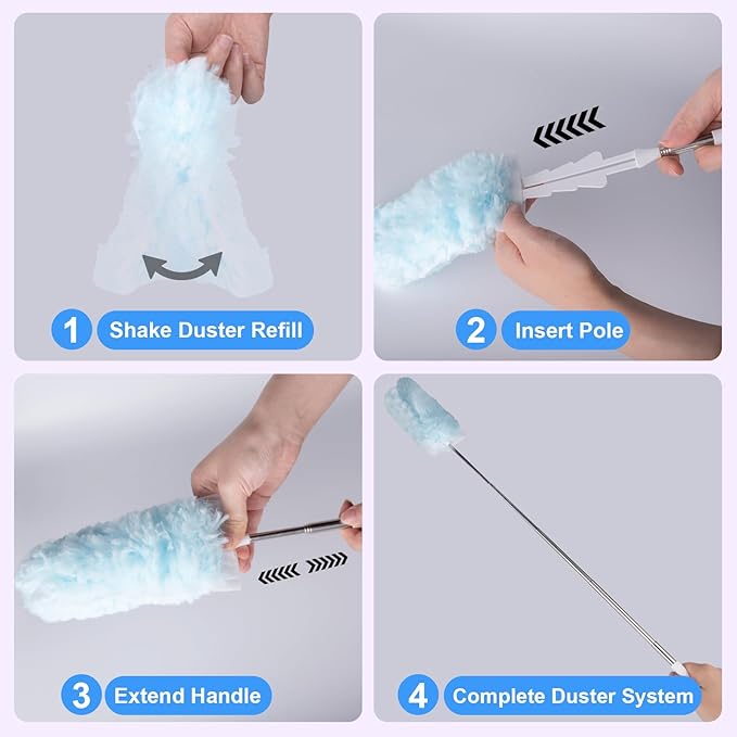 ITTAR 30 Count Duster Refill kit, Duster for Cleaning with Extension Pole, Microfiber Dust Remove Supplies, Fan Feather Dusters for Cleaning Home, Ceiling Fan, Blinds, Furniture, Vent & Shelves-Blue