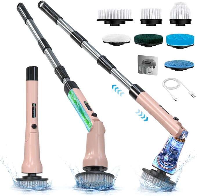 Electric Spin Scrubber, Hillyfe Bathroom Scrubber Electric with 7 Replaceable Brush Heads, IPX7 Waterproof,300/400 RPM, 3 Adjustable Length,Scrubber Brush Electric for Bathtub Floor,Pink