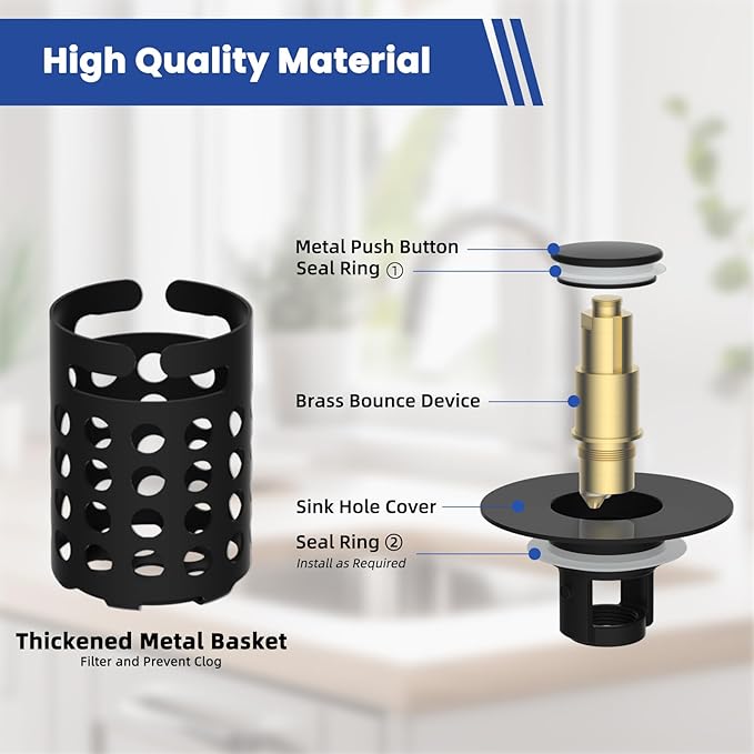 Universal Bathroom Sink Drain Strainer Hair Catcher Upgraded with Removable Stainless Steel Filter Basket, 3 in 1 Pop Up Sink Stopper for 1.1''~2.36'' Sink Basin Hole, Matte Black