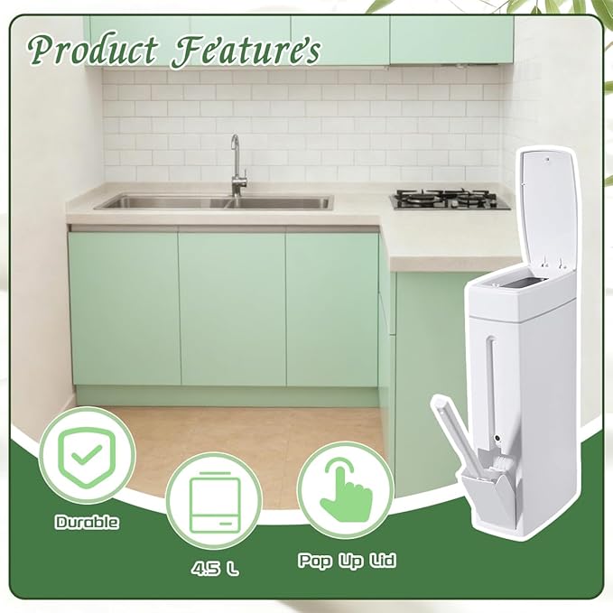 Bathroom Trash Can with Toilet,Slim Bathroom Trash Can,Toilet Brush and Holder Set,4.5 Liter / 1.2 Gallon Press Type Odor Proof rv Trash can,for Bathrooms, RVs, Small Spaces