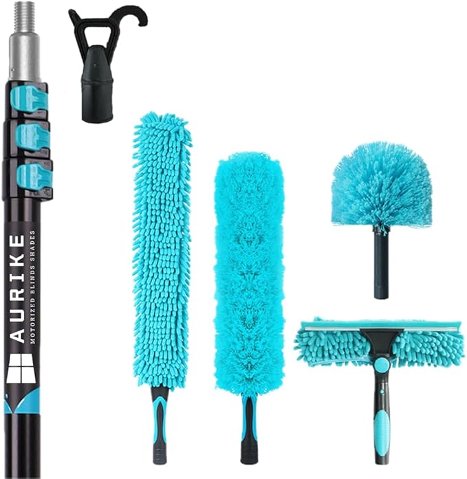 High Ceiling Duster Kits with 3-8ft Heavy Duty Extension Pole - Fan Blade Cleaner, Cobweb Remover & Blue Window Squeegee Kit, Washable Dust Brush and Glass Surfaces, Skylight Shades Operating Hook