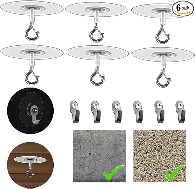 No Hole Adhesive Ceiling Hooks for Popcorn Concrete Textured Ceiling Unsmooth Wall Surface, No Drilling Self Adhesive Ceiling Hooks