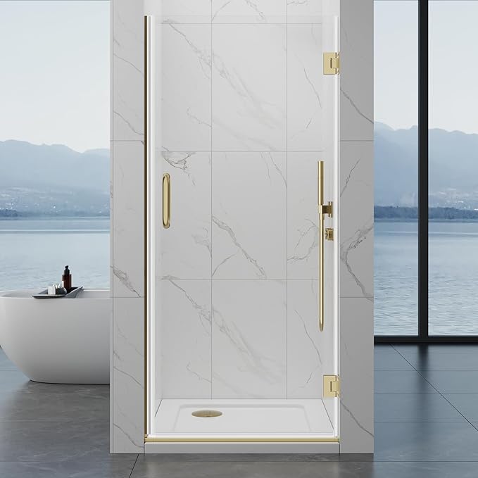 Hinged Shower Door, 32" W x 76" H Single Swing Pivot Framelss Shower Door, 3/8" (10mm) Tempered Glass with Nano Coating, Stainless Handle, Glass Door for Walk-in Shower - Brushed Gold