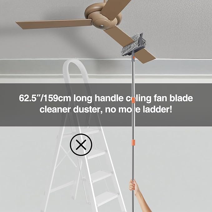 Ceiling Fan Cleaner Duster with 80" Stainless Steel Extendable Pole, 6-in-1 High Reach Fan Duster for Ceiling Fan Blades with 4 Reusable Mop Pads for Fan, Wall, Floor, Blind, Baseboard & Window