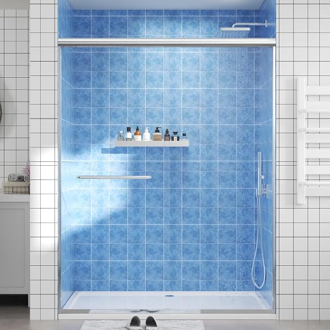 Glass Sliding Shower Door 56-60" W x 72" H, Semi Frameless Double Sliding Bathroom Shower Door, 1/4"(6mm) Clear Tempered Glass, Nano Easy Cleaning Coated, ANSI Cerified, Polished Chrome