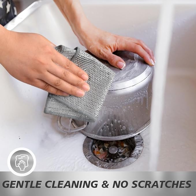 SINLAND Silver Mesh Dish Cloths Wire Dish Washing Rags Magic Cleaning Cloths Stainless Steel Metal Cloth for Dishes Sinks Counters Stove Tops Easy Rinsing 7.87x7.87 Inch 10 Pack