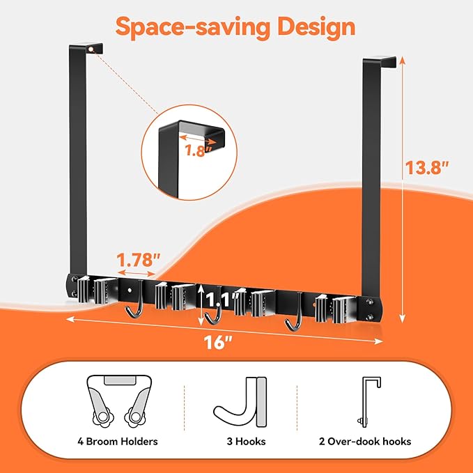 Broom and Mop Holder Over the Door, Broom Holder with 4 Racks and 3 Hooks Metal Broom Organizer Wall Hanging Broom Storage Behind the Door for Closet Kitchen Cabinet Garden