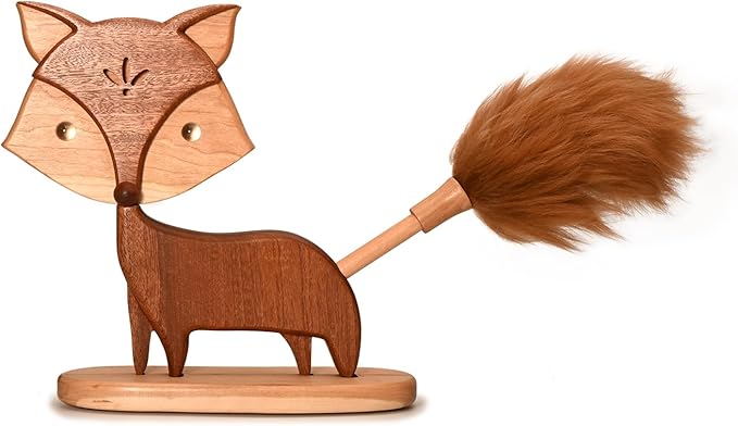 Cute Little Fox for Home Office Decor Small Wooden Feather Duster Lambswool Dusters for Cleaning with Decoration (Desktop Stand)