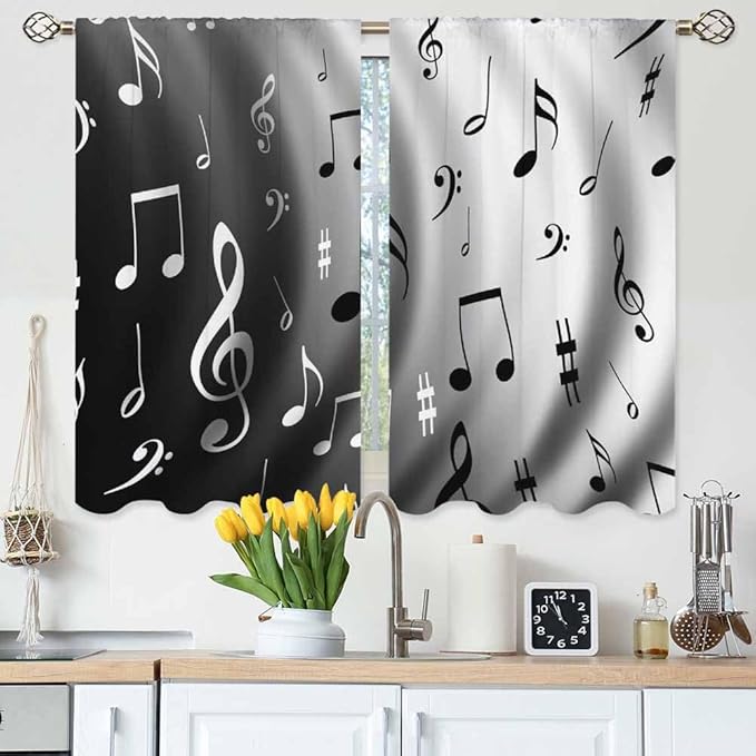 Modern Kitchen Curtains Black and White Music Notes Dancing Short Tier Curtains for Bathroom Cafe Small Window Drapes Treatment 2 Panels (27.5x39 Inch)