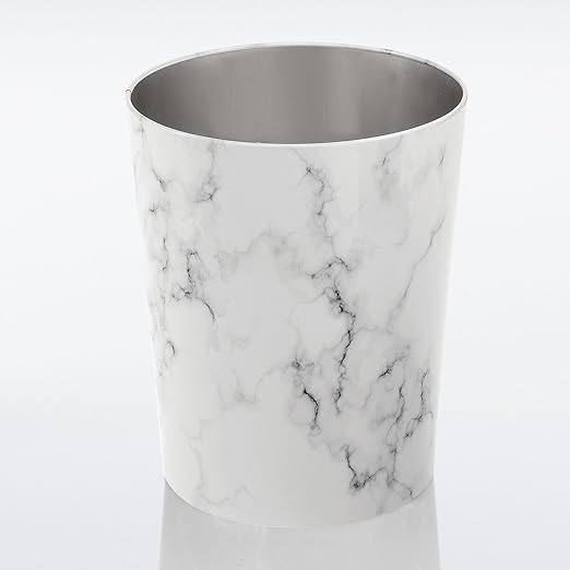 mDesign Round Metal Small 1.7 Gallon Recycle Trash Can Wastebasket, Garbage Container Bin for Bathrooms, Kitchen, Bedroom, Home Office - Durable Stainless Steel - Mirri Collection - White Marble