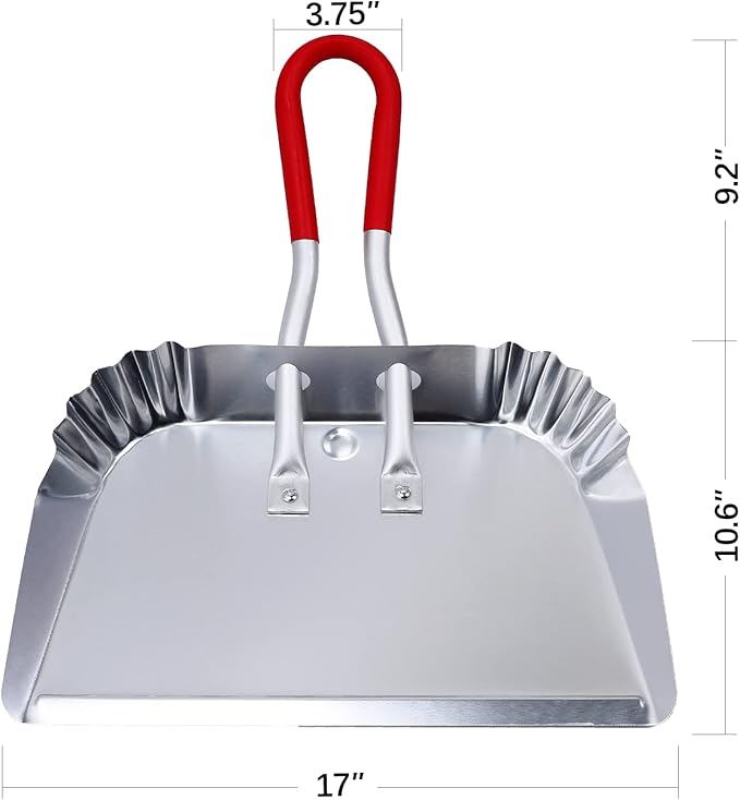 TOP DOG Metal Dustpan 17”, Aluminum Dust Pans Heavy Duty Does not Chip or Bend Sheet Metal Edge Flat Against Floor for Small Item Sweeping Rubber Coated Easy to Grasp Handle (1pcs)