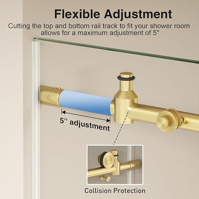55-60” W x 76" H Single Sliding Shower Door, Frameless Shower Door with Explosion-Proof Film and Nano Coating, 1/4” (6MM) SGCC Tempered Glass, Stainless Steel Hardware, Brushed Gold