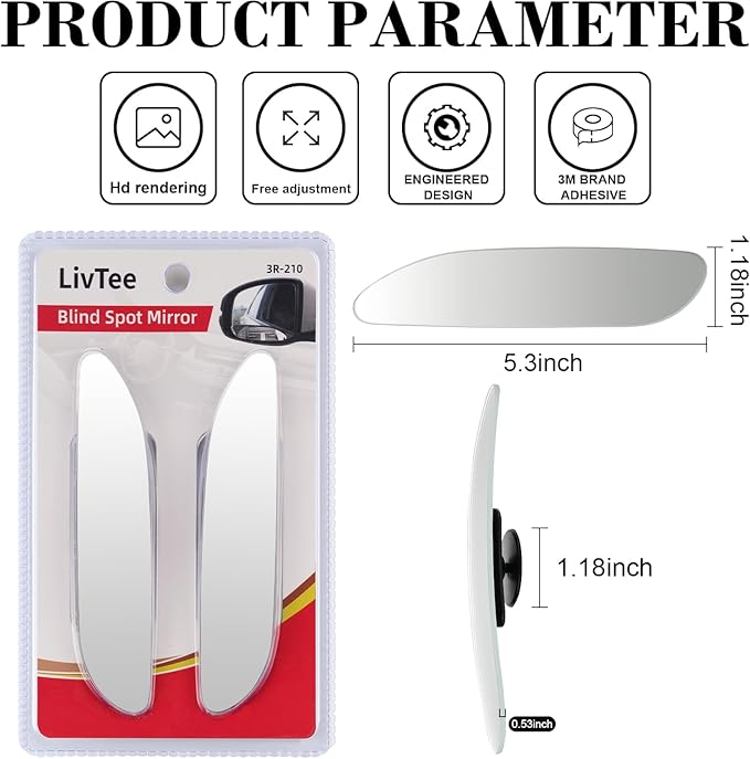 LivTee Long Blind Spot Mirror, Strip HD Glass Frameless Convex Rear View Mirrors Exterior Accessories with Wide Angle Adjustable Stick for Car SUV and Trucks, Pack of 2
