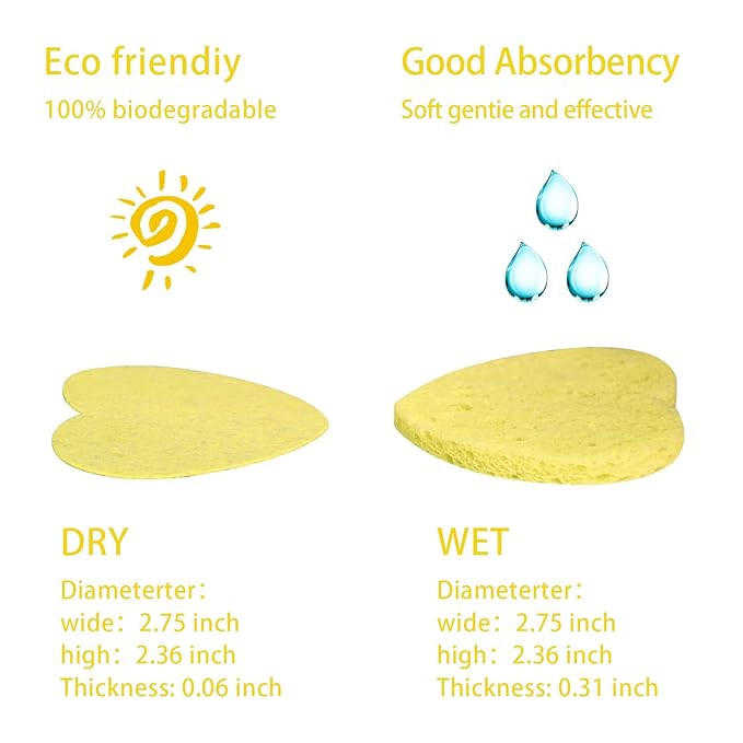 100-Count Compressed Facial Sponges for Estheticians Heart Shape Natural Cellulose Sponge Professional Cosmetic Spa Sponges for Face Cleansing, Massage, Pore Exfoliating, Mask, Makeup Removal, Yellow