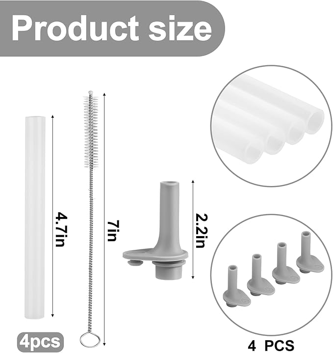 XANGNIER Replacement Straws and Bite Valve Compatible with Zak Designs Kelso 15 oz Tumbler Water Bottle,4 Pcs Reusable Silicone Straws with Cleaning Brush for Zak Designs Kelso 12 oz Cups,Grey