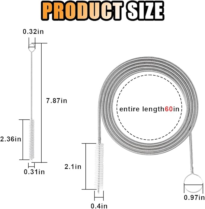 60 Inch Long Drain Wire Brush Hose Flexible Feeding Tube Pipe Cleaning Brush - Nylon Stainless Steel Auto Sunroof Drain Cleaning Tool & 2 Slim Straw Cleaning Brush for Cars, Fridges