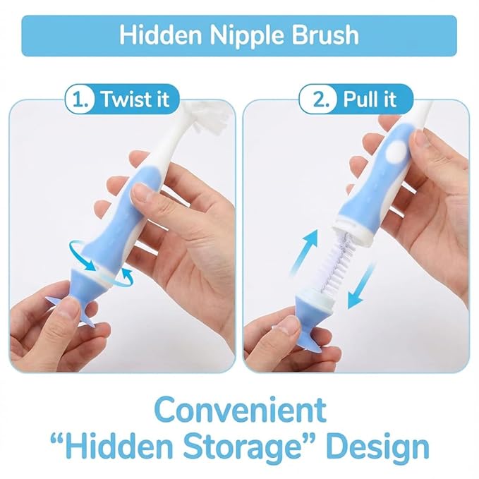 4-in-1 Baby Bottle Brush Set, Bottle Brush for Baby, Bottle Cleaner Brush Set, Including Nylon Bottle Brush, Bottle Cap Brush, Straw Brush, Nipple Brush, BPA-Free (Blue)
