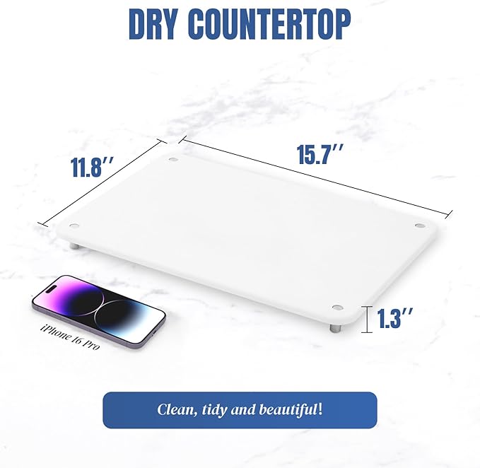 Stone Drying Mat for Kitchen Counter with Non-Slip Stainless Steel Feet, Quick Drying Diatomaceous Dish Racks for Dishes, Bottles and more, 15.7"(L)×11.8"(W), Pearl White