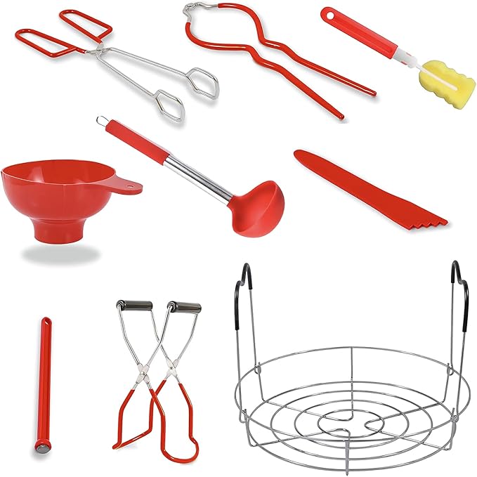 Canning Supplies Kit - 9 Piece 430 Stainless Steel : Rack,Funnel,Jar Lifter,Jar Wrench,Lid Lifter,Tongs,Spoon,Cleaning Brush/Bubble Remover Tool.Suitable for all beginners and professionals