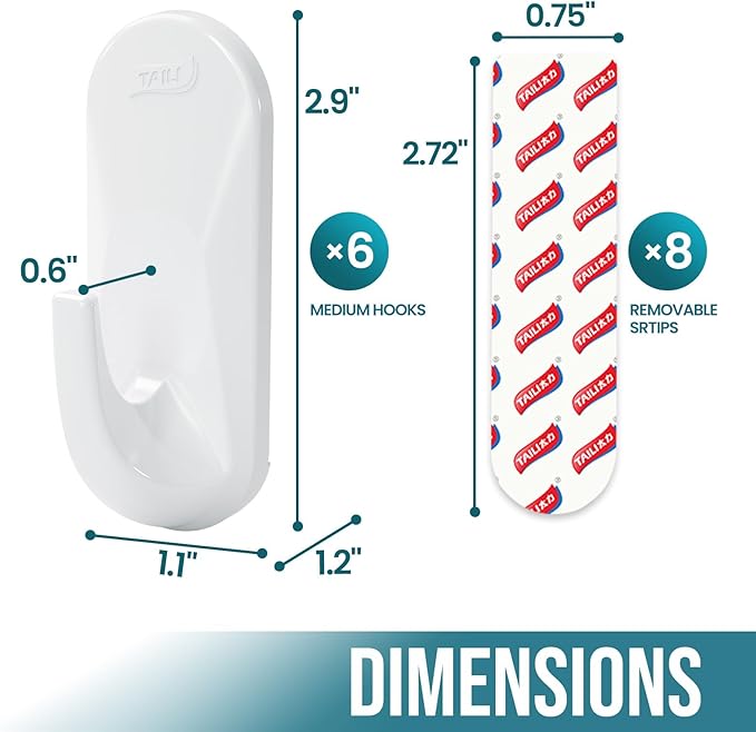 TAILI Hooks for Hanging,6 Plastic Sticky Hooks and 8 Adhesive Strips, White Utility Hooks for Painted Wall, No Damage Heavy Duty Holds up to 3 lb, Removable & Reusable for Door, Dorm, Clothes, Closet