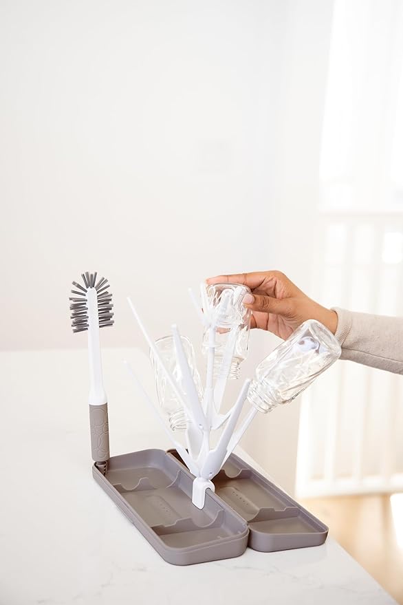 Ubbi On-The-Go Drying Rack and Brush Set, includes Travel Case and Bottle Brush for Compact Storage, Holds Up to 8 Bottles, Baby Travel Accessories, Taupe