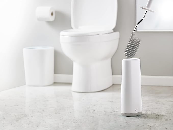 Joseph Joseph Flex Hygienic Silicone Toilet Brush with Slim Holder Set, Flexible Anti-drip, Anti-Clog Deep Clean Head - White/Grey