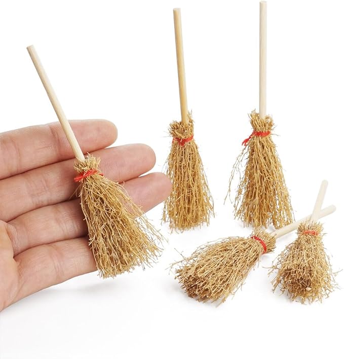 Odoria Dollhouse Straw Broom Miniature - 1/12 Scale Broomstick for Fairy Garden - Mini Witch Broom Decorative Craft - Tiny Besom Rustic for Halloween Thanksgiving Festival 5Pcs