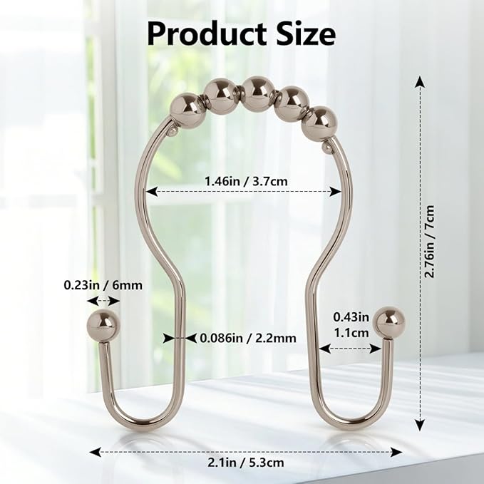 Double Shower Curtain Hooks, Sturdy Metal Nickel Shower Curtain Rings, Glide Roller Shower Hooks,Rust Proof Anti-Drop Curtain Hooks, 12 Pcs Smooth Sliding Rings for Bathroom Shower Rods Curtains