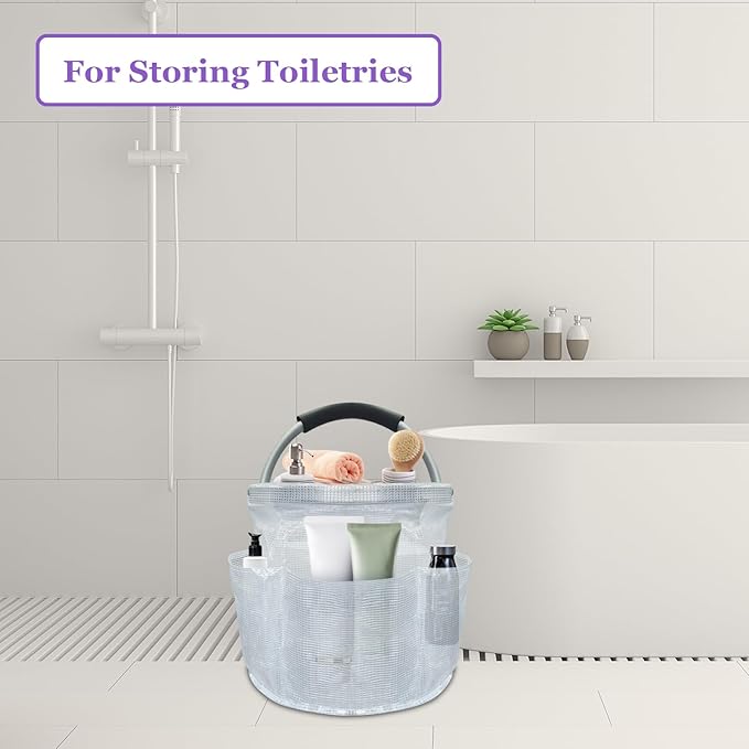 17L Portable Shower Caddy with Handle, Foldable Cleaning Supply Caddy in PVC Resin, Picnic Basket with 6 Side Pockets, Multifunctional Storage Basket for Bathroom, Picnics, Transparent