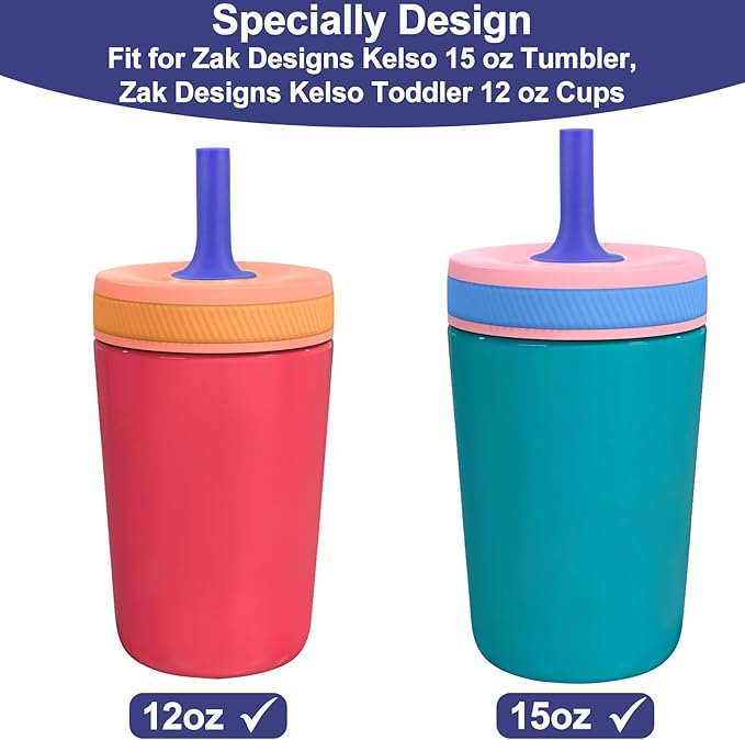 XANGNIER Replacement Straws and Bite Valve Compatible with Zak Designs Kelso 15 oz Tumbler Water Bottle,4 Pcs Silicone Straws with Cleaning Brush for Zak Designs Kelso 12 oz Cups,Light Blue