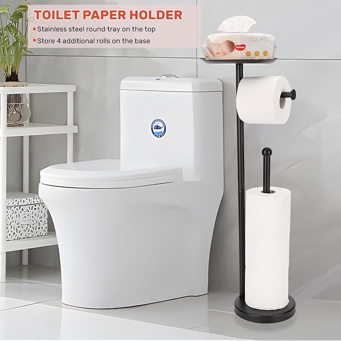 Black Toilet Paper Holder Stand, Freestanding Toilet Paper Holder with Shelf for Small Items, Toilet Paper Stand with Storage Space for 4 Extra Toilet Paper Rolls