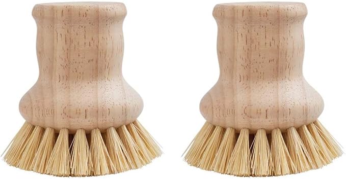 HIC Kitchen Natural Bristle Dish Pan Scrub Brush, Non-Scratch Natural Tampico Bristles with Wooden Handle, Set of 2