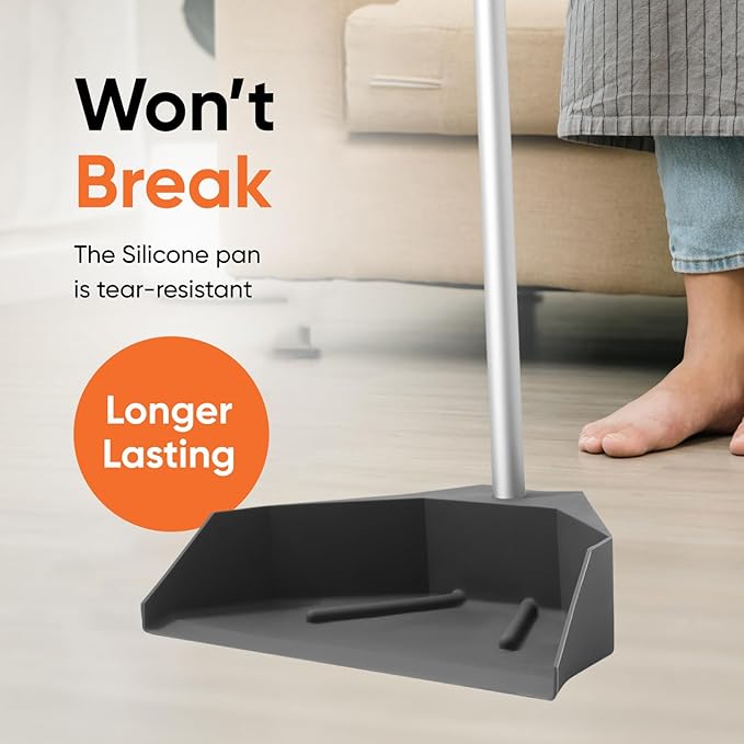 Superio Silicone Broom - Carpet Rake with 35" Long Handle Dustpan Set - Rubber Broom for Pet Hair on Carpet & Hardwood Floors, Stand-Up Dustpan with Aluminum Handle - Gray