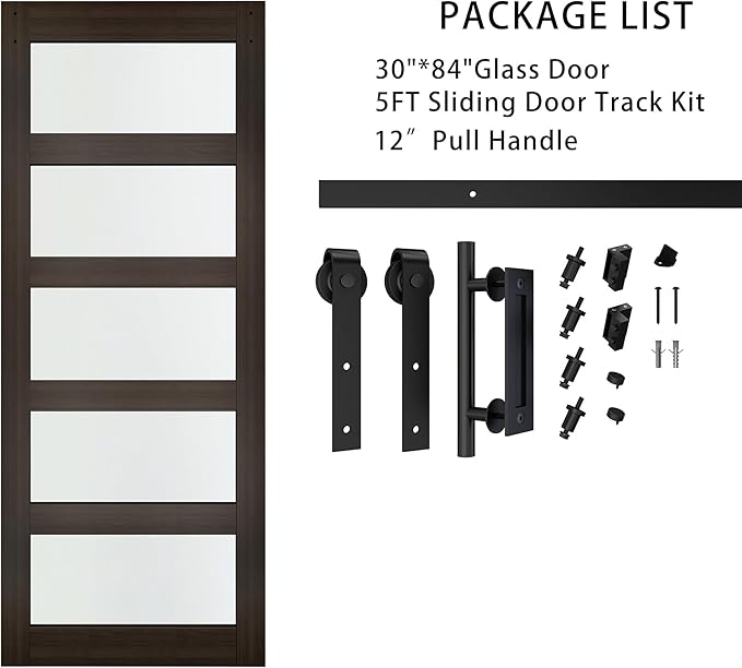 BARNSMITH 30in x 84in Glass Barn Door with 5FT Sliding Door Hardware Kit Included & Handle,5-Panel Frosted Glass Solid Wood Slab with Water-Proof PVC Surface,Pre-Drilled Easy Assembly,Brown