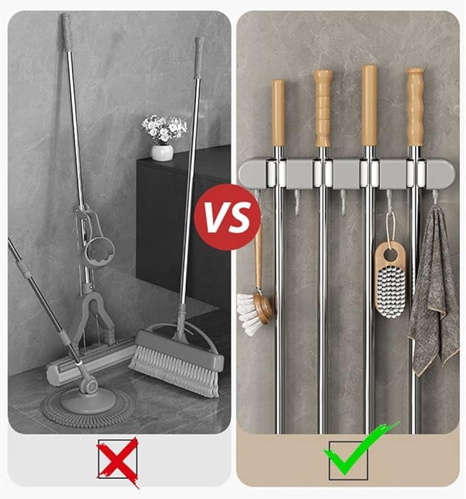 VALINK Brooms and Mop Holder Wall Mounted, Brooms Hanger for Home Garden Garage and Storage (4 Racks with 5 Hooks) Grey