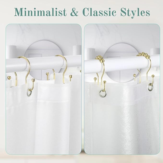 Goowin Shower Curtain Hooks, 12 Pcs Shower Curtain Rings, Stainless Steel Shower Curtain Hangers, Gold Shower Curtain Hooks Rings Rust Proof, Minimalist Shower Hooks for Shower Curtain, Gold