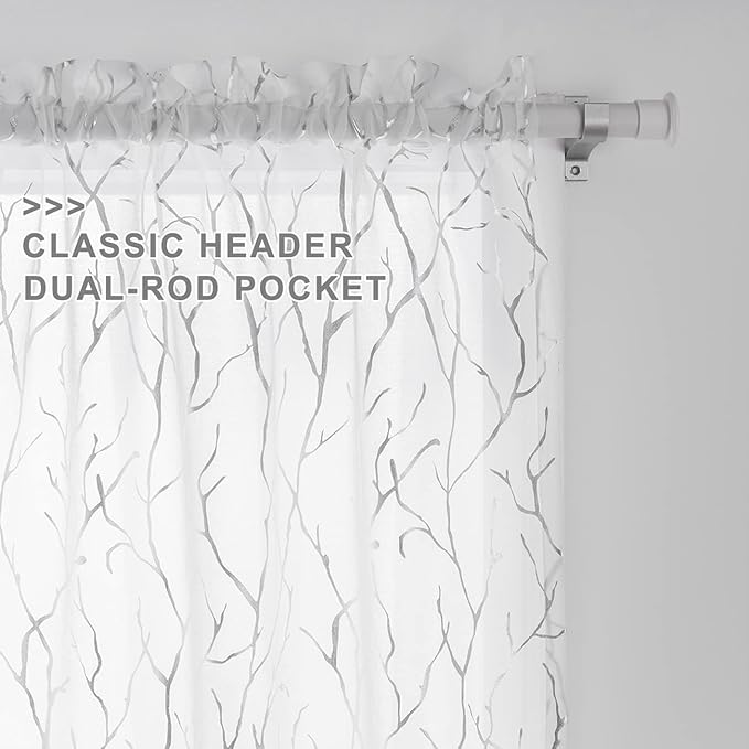 Silver White Café Curtains 45 Inch Length 2 Panels Metallic Silver Foil Tree Branch Sheer Curtains Rod Pocket Sheer Kitchen Curtains over Sink Rod Pocket Privacy Kitchen Window Curtains, 52 x 45 Inch