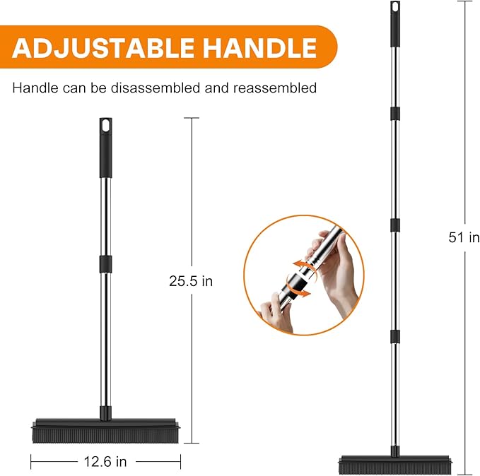 nacena Rubber Broom, 2 in 1 Pet Hair Removal Broom with Squeegee 51-in Adjustable Long Handle Carpet Broom for Cleaning Carpet Hardwood Floor Tile Window, Black