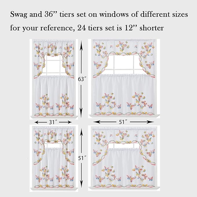 GOHD 3pcs Kitchen Curtain/Cafe Curtain Set, Farmhouse Air-Brushed by Hand of Flying Butterfly Design. (Swag and 24 inches Tiers Set)