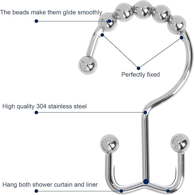 Shower Curtain Hooks,Sturdy Stainless Steel Double Sided Shower Hooks Rings for Bathroom Shower Curtain Rods Curtains Set of 12 Hooks - Chrome