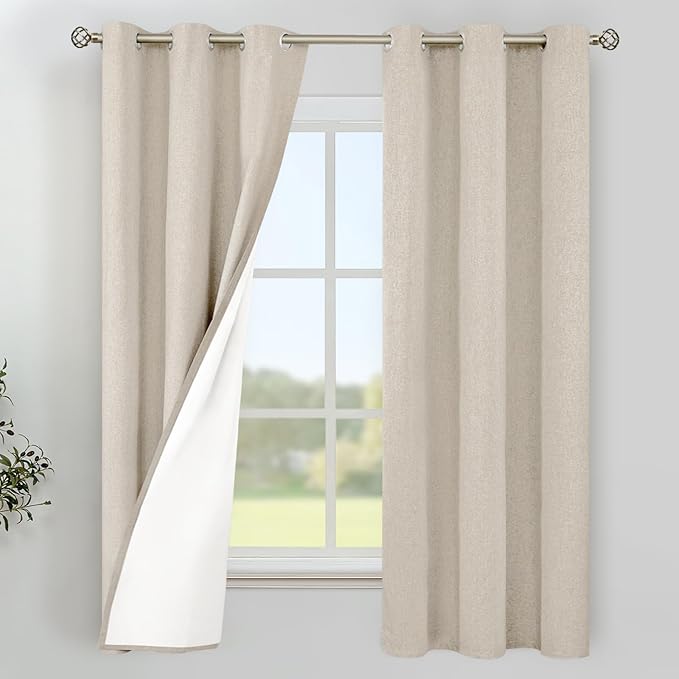 YoungsTex Oatmeal Linen 100% Blackout Curtains 63 Inch Length for Bedroom, Room Darkening Thermal Insulated Drapes with Grommet Heat Blocking for Short Living Room Window, 2 Panels, 38 X 63 Inch