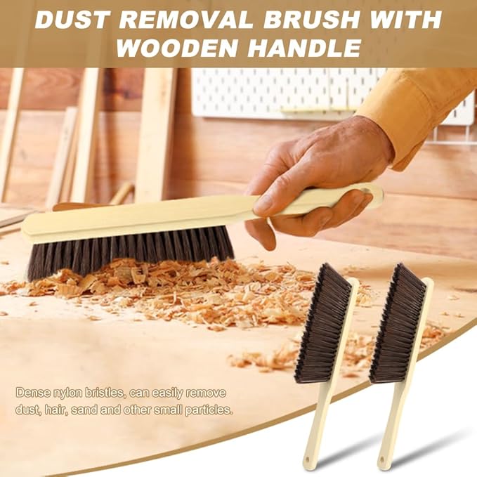 2 Pieces Wooden Hand Broom Brushes, Bench Brush with Long Wood Handle, Soft Bristle Cleaning Dust Brush for Counter, Bench, Car, Furniture, Bed, Woodworking Cleaning(Color:As Shown)