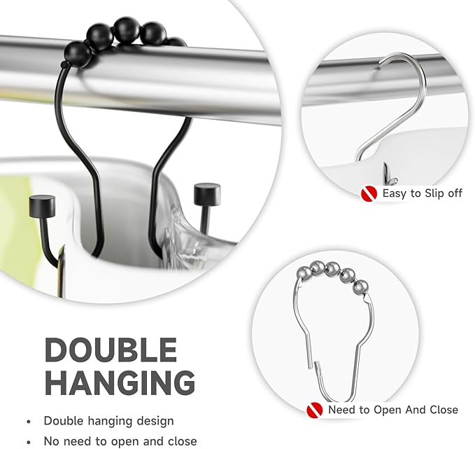 Shower Curtain Hooks, Shower Curtain Rings Rust Proof Double Hook Shower Curtain Hooks with Clindrical Design, 12 Pcs Black Shower Hooks for Shower Curtain, Metal Shower Rod Hooks