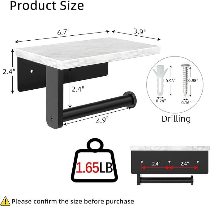 Marble Toilet Paper Holder with Shelf, 304 Stainless Steel Screw Wall Mounted, Tissue Roll Holder for Bathroom Washroom Matte Black