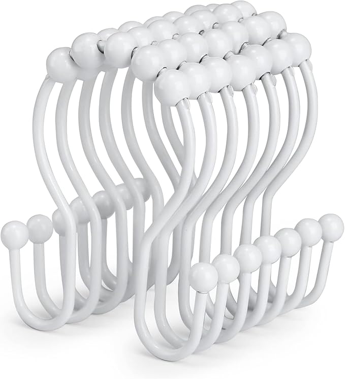 Goowin Shower Curtain Hooks, 12 Pcs Shower Curtain Rings, Stainless Steel Shower Curtain Hangers, Double Hook Shower Curtain Hooks, Smooth Sliding Anti-Drop Shower Rings for Curtain (White)
