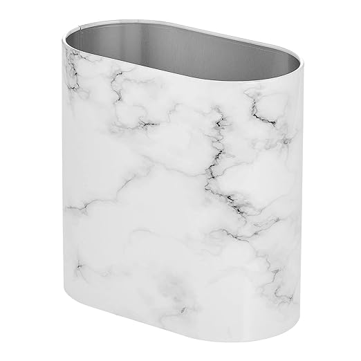 mDesign Slim Pill-Shaped Metal 1.98 Gallon/7 Liter Recycle Trash Can Wastebasket, Garbage Container Bin - Bathroom, Kitchen, Bedroom, Office - Durable Stainless Steel, Mirri Collection, White Marble