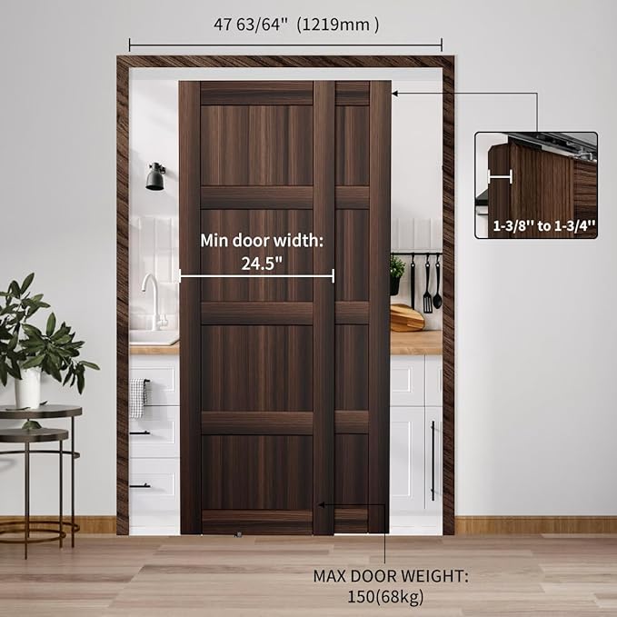 Heavy Duty Bypass Sliding Closet Door Track Hardware 48",4FT Aluminium Pocket Door Track Rail Set, Smoothly and Quietly, for 2 Door System