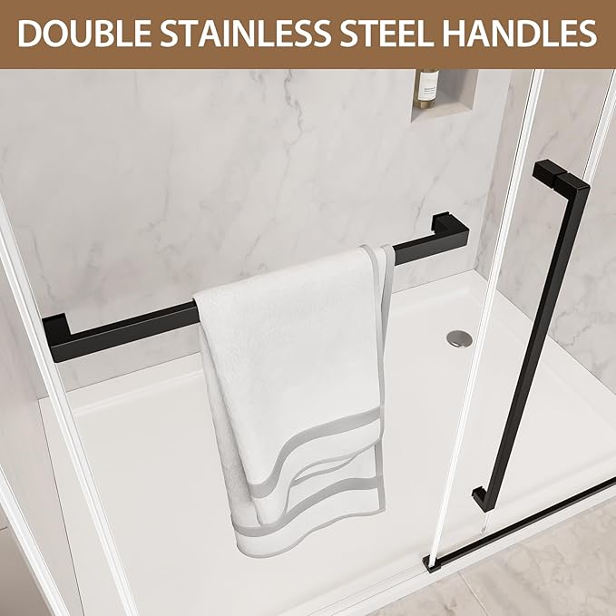 Frameless Shower Door, 56-60" W x 75" H Sliding Shower Glass Door, 5/16"(8mm) Tempered Glass Shower Doors for Walk in Shower with Explosion-Proof Film, Stainless Steel Hardware, Matte Black